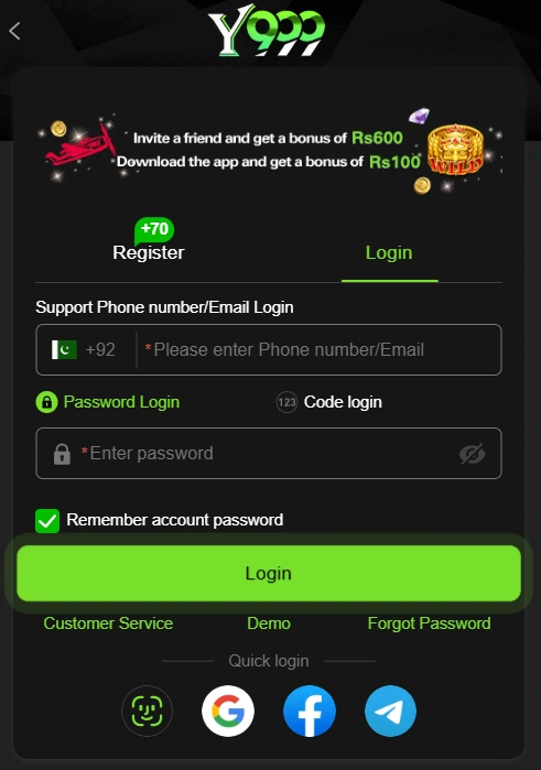 Y999 game login screen android