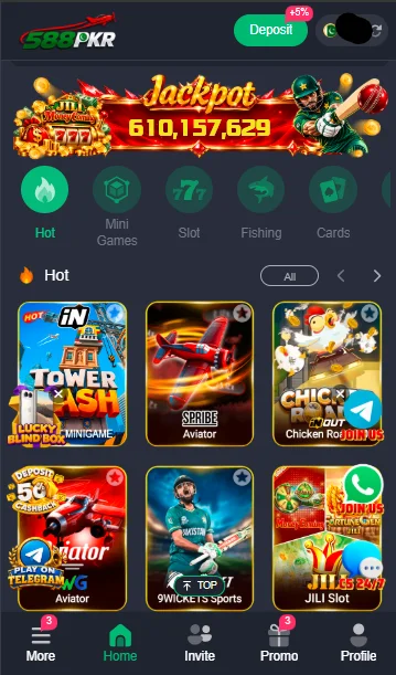 588PKR-Game dashboard showing game categories and navigation