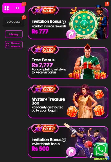 XF777 bonus section showing the games' bonuses and rewards menu