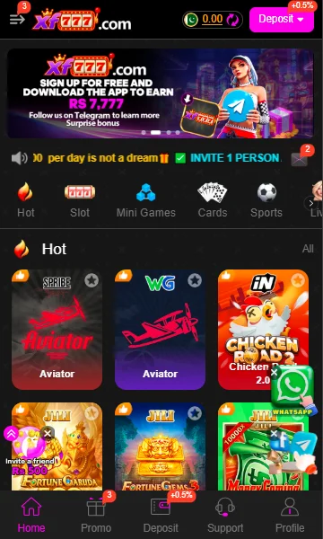 XF777 dashboard showing the game lobby and navigation menu.