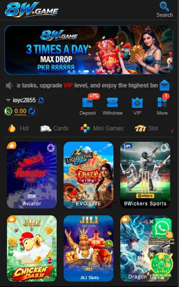 8W Game dashboard with Games categorization 