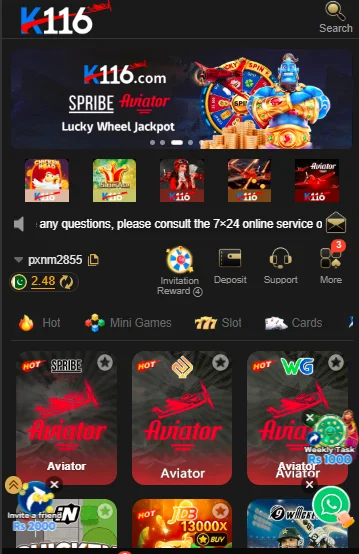 K116  dashboard showing the game lobby
