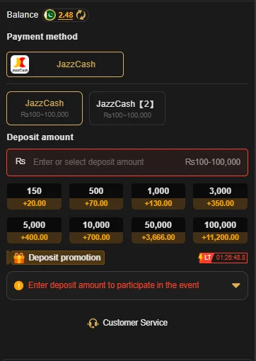 K116 deposit screen showing the JazzCash payment option